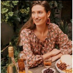 J.Crew Collection Ratti Floral Top Sz Small Button Down Tie Sleeve Cotton Blouse